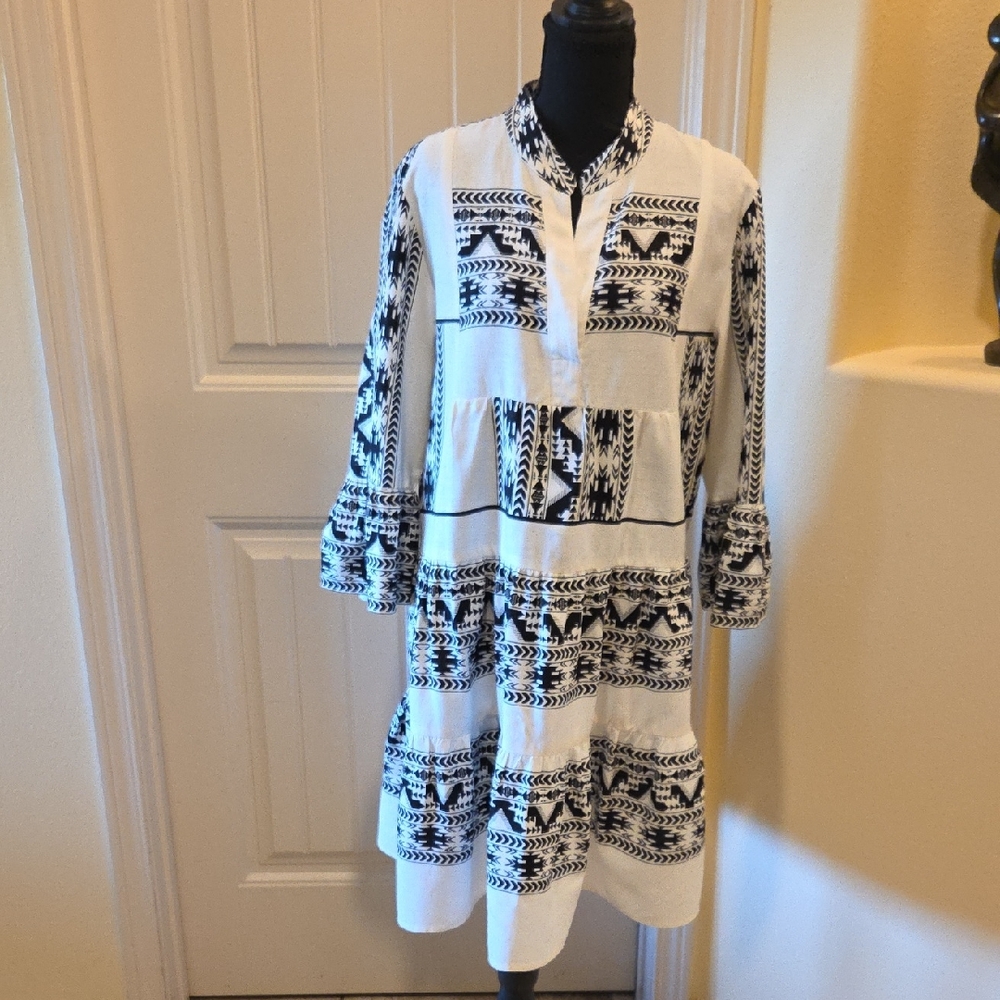 MSK Linen Blend Ivory And Black Aztec Print Tiered Midi Dress, Size L